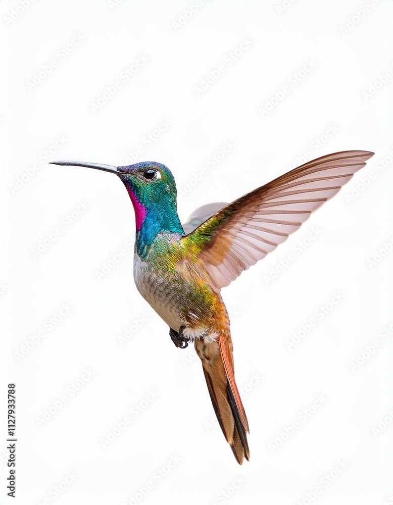 Fototapeta premium Vibrant hummingbird in flight, showcasing iridescent plumage against a white backdrop.
