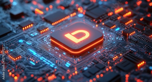 Futuristic Microchip with Neon Lights Displaying Letter D on Circuit Board, Technology Background Featuring Glowing Components and Complex Patterns