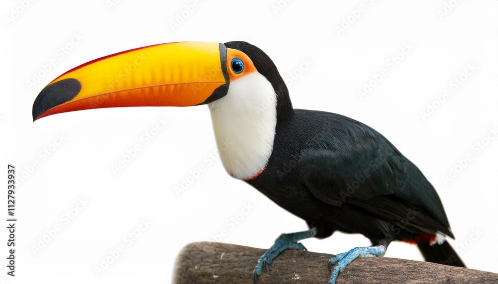 Naklejka premium Vibrant toucan perched on a branch, showcasing its striking colors against a white background.