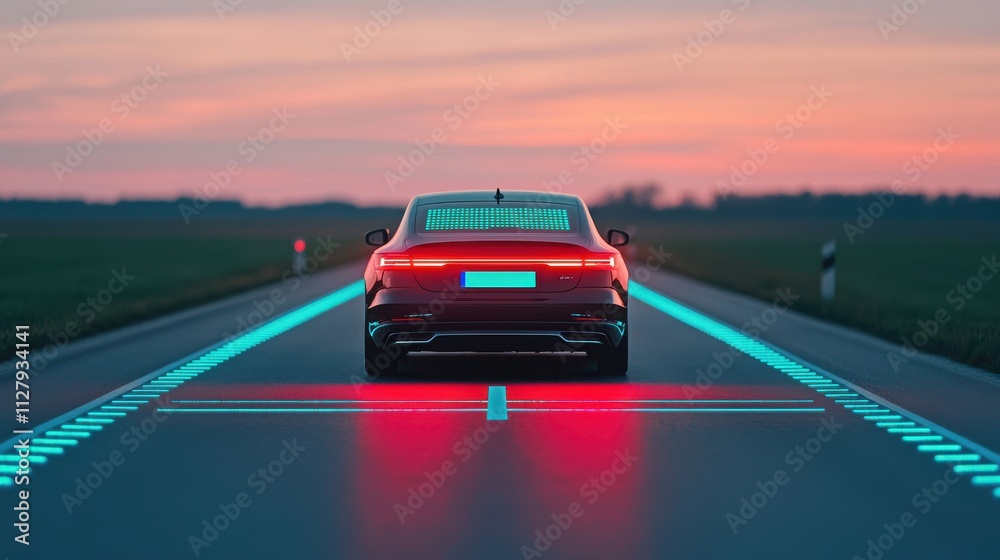 Fototapeta premium A sleek car drives down a modern road, illuminated by vibrant lines and a stunning sunset backdrop, embodying technology and freedom.