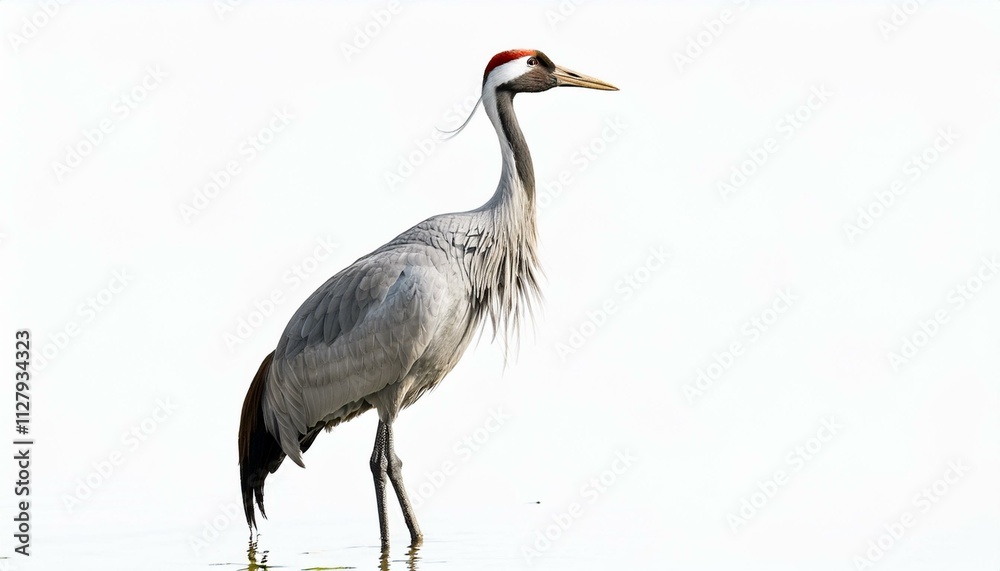 A majestic crane stands in shallow water against a bright white background. A majestic crane stands in shallow water against a bright white background.