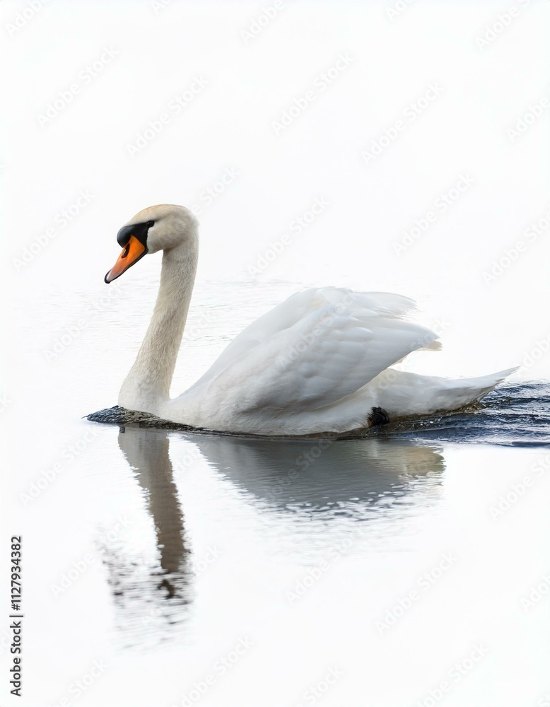 Fototapeta premium Serene swan glides on calm water, its reflection mirroring the peaceful scene.