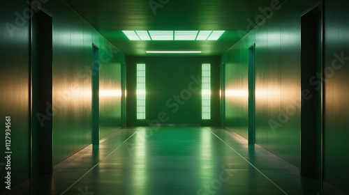 A futuristic green hallway with a glowing light at the end,green hallway with a bright light at the end,Empty green futuristic corridor with a glowing light in the distance