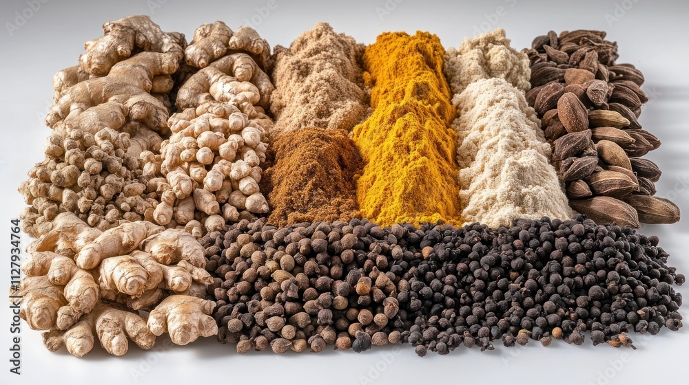 Assorted spices and roots arranged in rows. Assorted spices and roots arranged in rows.