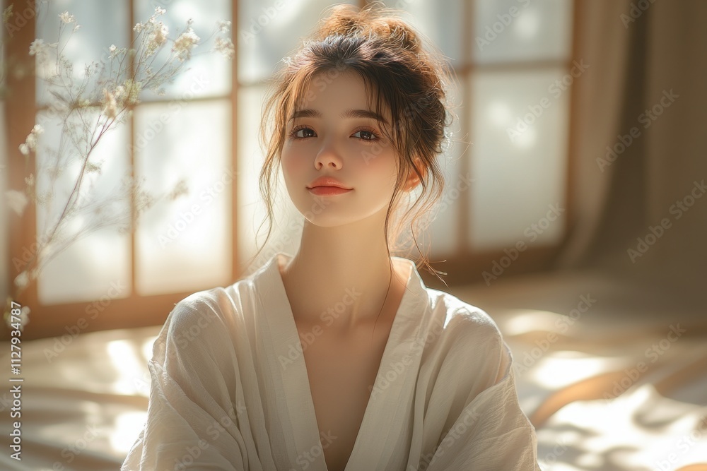 Woman in Minimalistic Studio Soft Light Skincare Self Reflection Pastel Colors Zen Aesthetics Woman in Minimalistic Studio Soft Light Skincare Self Reflection Pastel Colors Zen Aesthetics