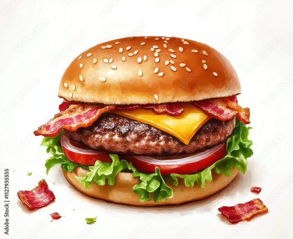 Juicy Hamburger with Bacon, Melty Cheese, Fresh Lettuce, Sliced Tomato, and Sesame Seed Bun, Perfect for Fast Food Advertisements and Culinary Illustrations Juicy Hamburger with Bacon, Melty Cheese, Fresh Lettuce, Sliced Tomato, and Sesame Seed Bun, Perfect for Fast Food Advertisements and Culinary Illustrations