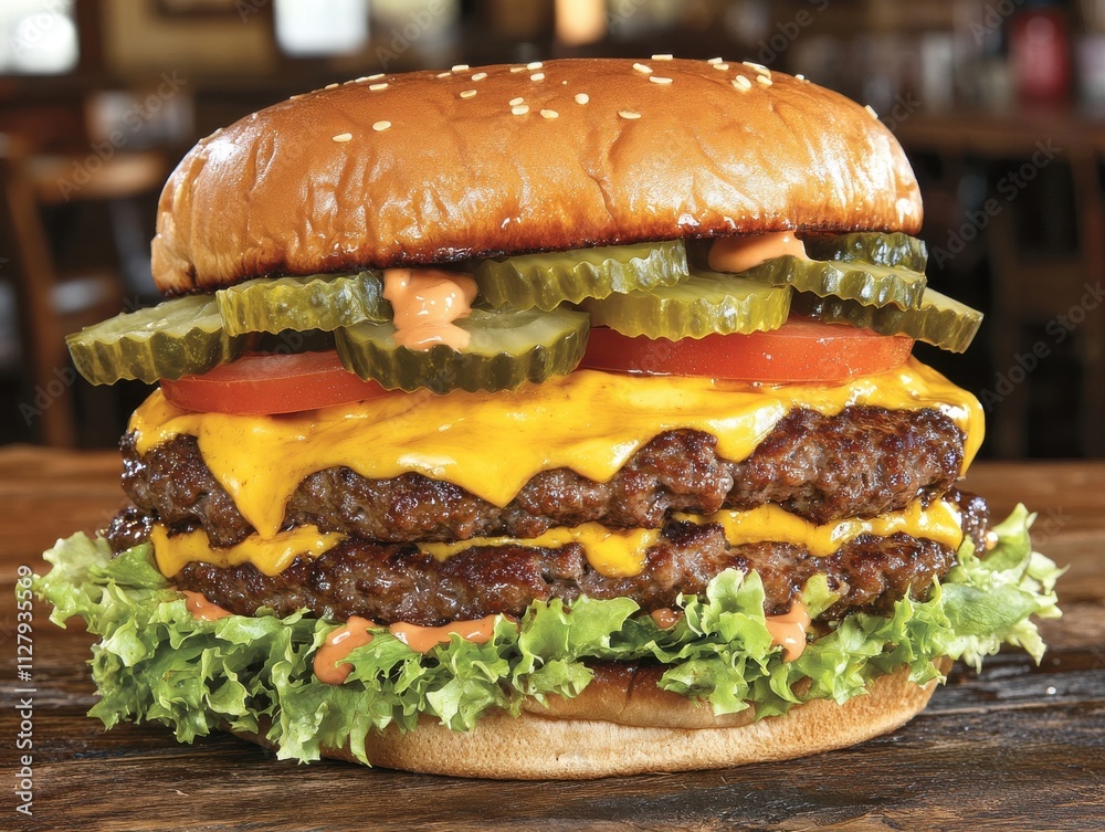 Juicy Double Cheeseburger with Fresh Vegetables and Toppings on a Rustic Wooden Table, Perfectly Styled for Gourmet Food Photography, Capturing Deliciousness and Freshness Juicy Double Cheeseburger with Fresh Vegetables and Toppings on a Rustic Wooden Table, Perfectly Styled for Gourmet Food Photography, Capturing Deliciousness and Freshness