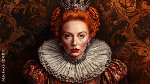 Redhead queen, ornate crown, ruff collar.