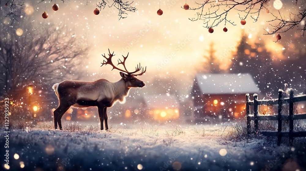 Naklejka premium A photograph of a reindeer standing in a quaint snowy village setting with warm glowing Christmas twinkling in the distance and a peaceful serene atmosphere