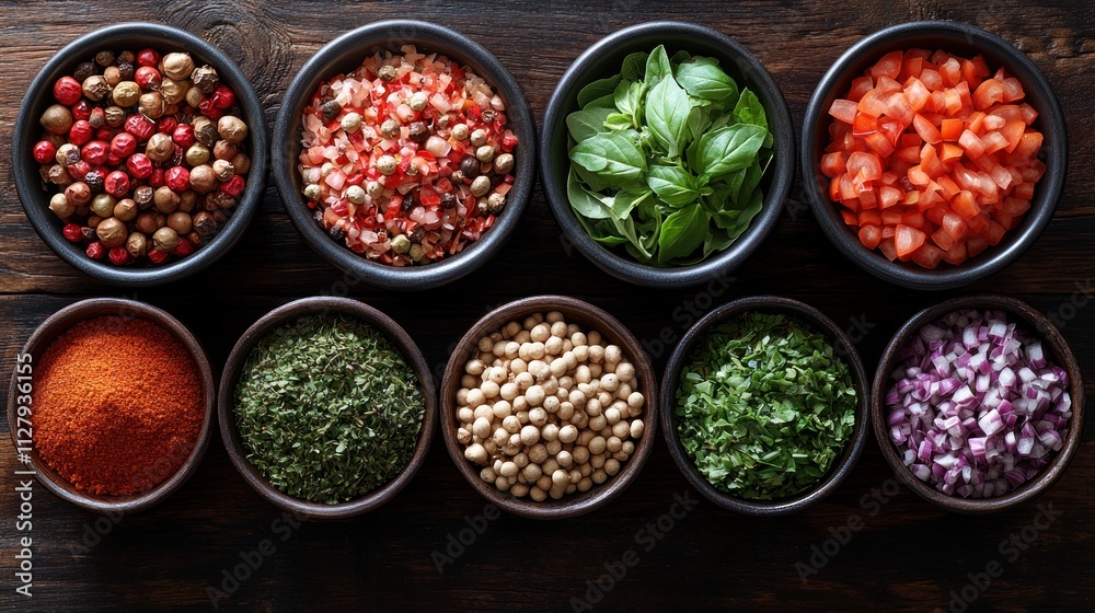 Assorted spices, herbs, and vegetables in bowls. Assorted spices, herbs, and vegetables in bowls.