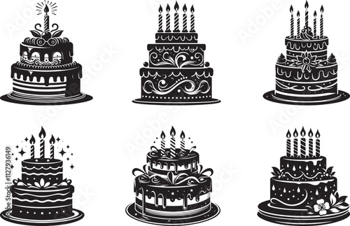 Birthday Cake set silhouette vector art, Birthday Cake line art with isolated vector illustration