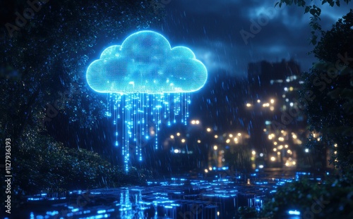 Wallpaper Mural Neon Cloud with Glowing Rain Tubes in a Dark Urban Landscape Surrounded by Soft Ambient Lights and Reflections on Water Surface in Rainy Night Setting Torontodigital.ca