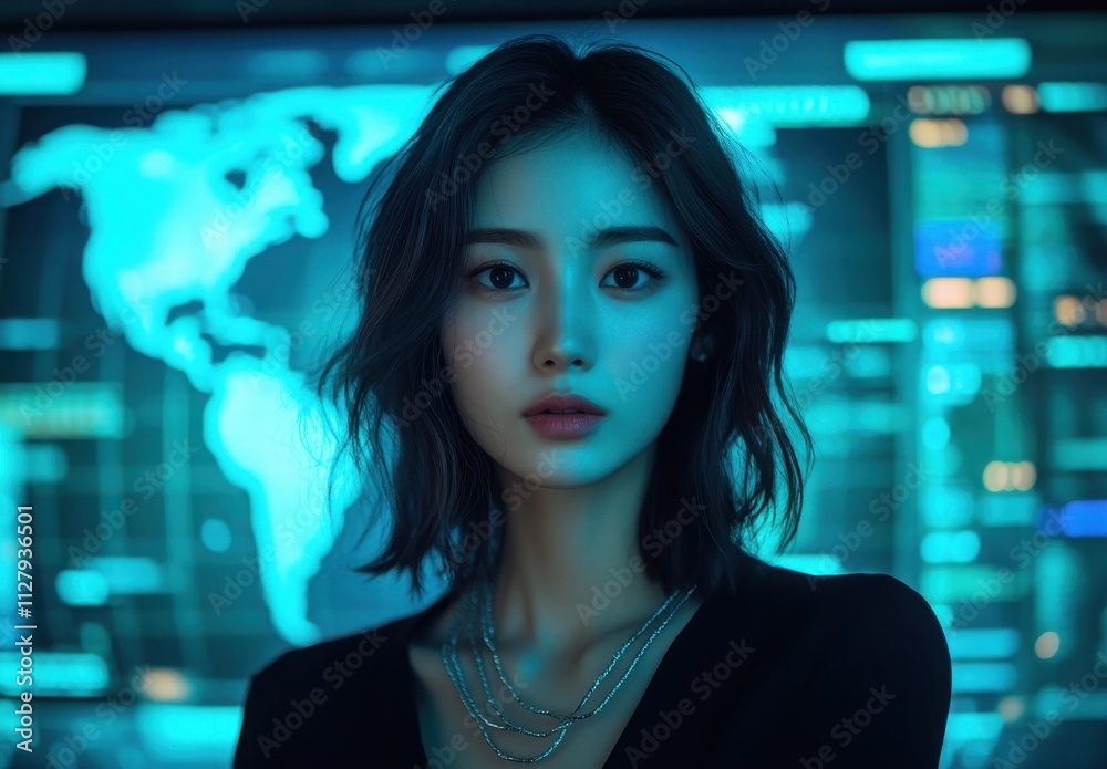Portrait of a Young Woman with Dark Hair and Natural Makeup Against a Futuristic Background of a World Map in Blue Tones, Exuding Confidence and Intelligence Portrait of a Young Woman with Dark Hair and Natural Makeup Against a Futuristic Background of a World Map in Blue Tones, Exuding Confidence and Intelligence
