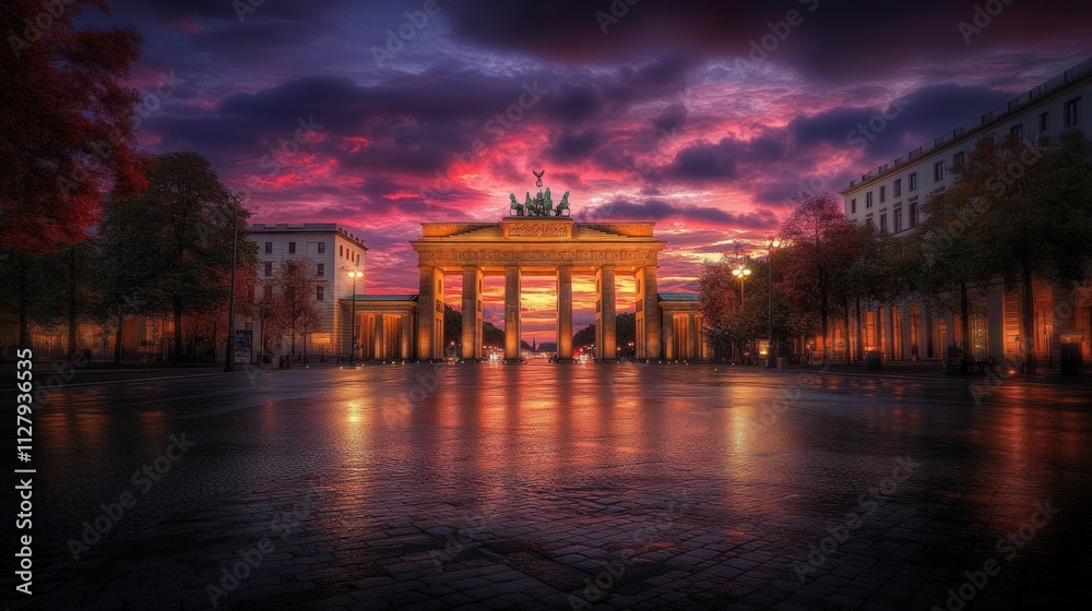 Fototapeta premium Brandenburg Gate, sunset, city street, reflection, dramatic sky.