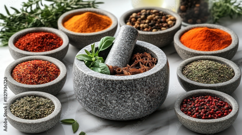 Assorted spices in bowls with mortar and pestle. Assorted spices in bowls with mortar and pestle.