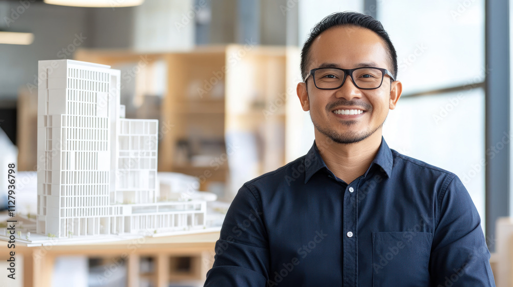 Fototapeta premium Profesional Indonesian architect in modern office next to architectural model of a building