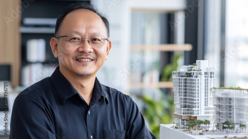 Profesional Malay architect in modern office next to architectural model of a building