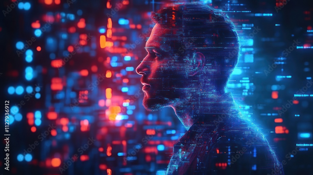 AI Cyber Security Analysis Portrait of a Black Male IT Specialist in a Dark Environment with Digital Data Streams AI Cyber Security Analysis Portrait of a Black Male IT Specialist in a Dark Environment with Digital Data Streams