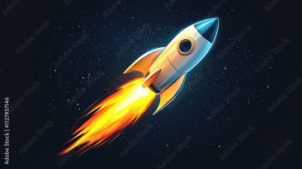 Vibrant neon rocket flying in space isolated dark background