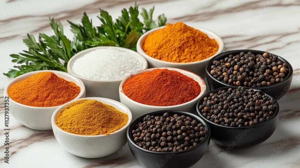 Assorted spices in bowls on marble. Assorted spices in bowls on marble.