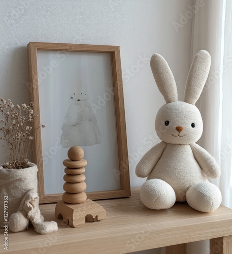 Cozy Scandinavian Children Room Scene with Plush Bunny Toy and Wooden Stacking Toy photo