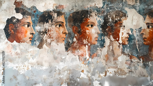 A close-up view of a preserved fresco depicting a scene with four figures, likely from roman mythology, inside an ancient building in pompeii. Fresco. Illustration