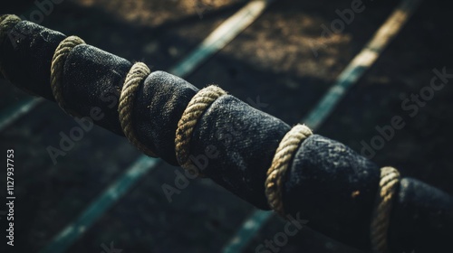 A boxing ring's corner with padded turnbuckles and stitching details, indoor setting in a dimly lit gym, Gritty style photo