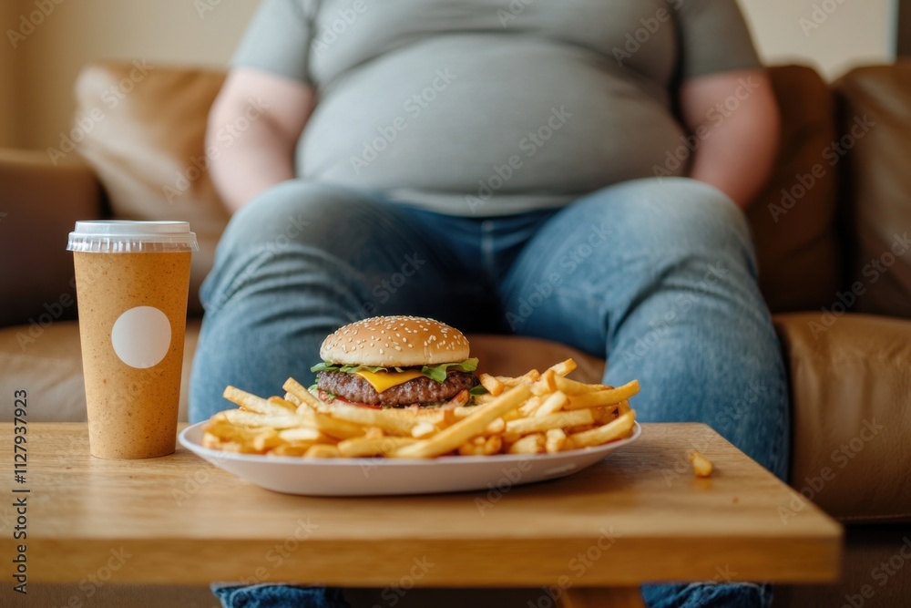 Understanding obesity a plus-sized person sitting on a couch with fast food in focus indoor environment lifestyle perspective health concerns and eating habits Understanding obesity a plus-sized person sitting on a couch with fast food in focus indoor environment lifestyle perspective health concerns and eating habits