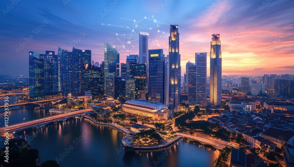Obraz premium Stunning Aerial View of a Modern Cityscape at Sunset with Skyscrapers and Waterway, Highlighting Urban Development and Connectivity in a Vibrant Setting