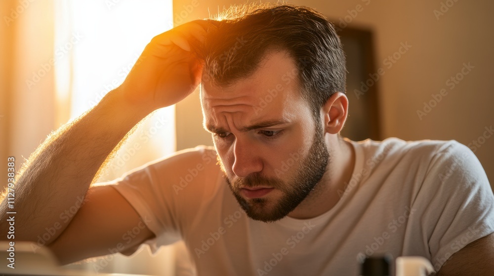 Obraz premium Stressed man contemplating solution, struggling with hair loss at home; discovering effective hair growth treatments and remedies.