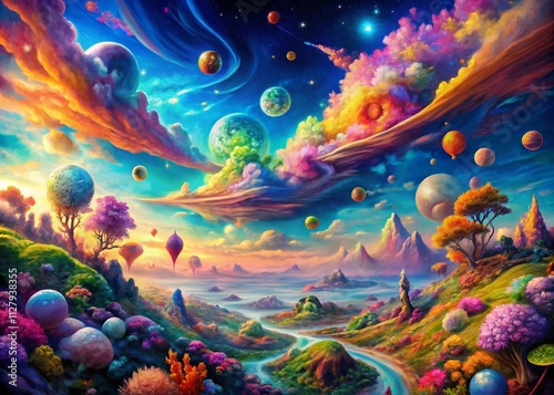 Surreal Psychedelic Landscape: A Dreamlike Journey Through Vibrant Colors and Otherworldly Forms in a Cosmic Space Setting, Blending Nature and Imagination in Harmony