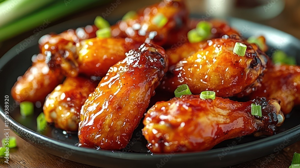 Glazed Chicken Wings with Buffalo and BBQ Sauce on Black Plate Glazed Chicken Wings with Buffalo and BBQ Sauce on Black Plate