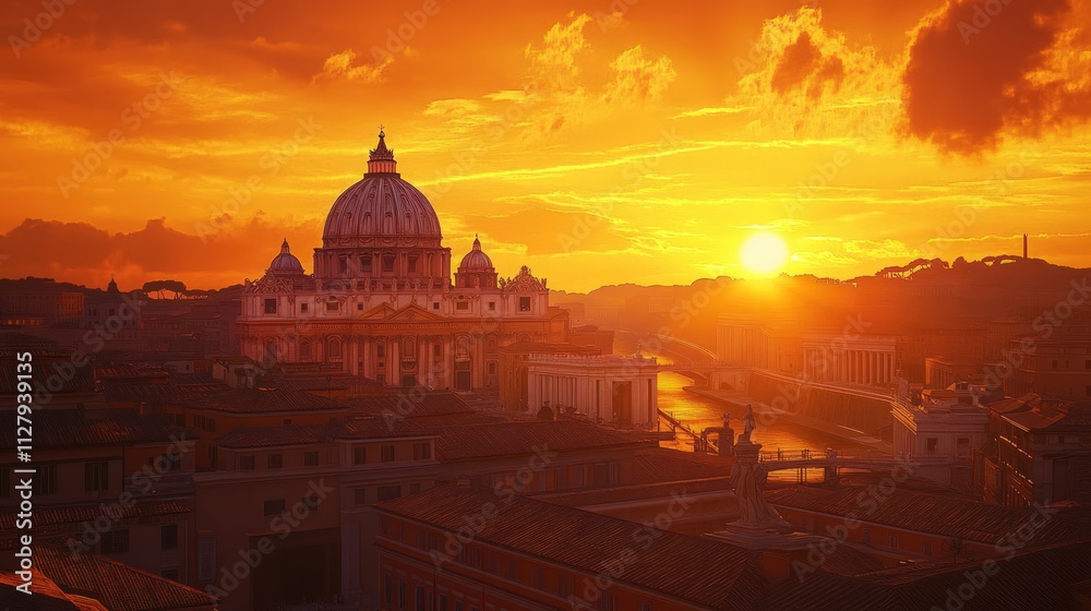 Fototapeta premium St. Peter's Basilica sunset, Roman cityscape.
