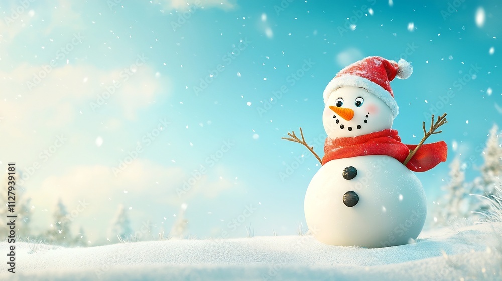 Fototapeta premium A cheerful snowman with a carrot nose coal eyes and a red scarf standing in a snowy field with an open sky backdrop creating a festive and winter themed scene