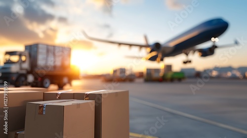 Freight truck loading cargo at the airport with airplane in the background for logistics and transportation photo