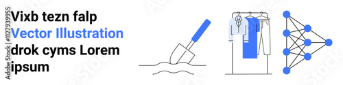 Spade digging soil, clothes hanging on a rack, and neural network diagram. Ideal for technology, construction, fashion, data science, machine learning business strategy and education. Landing page