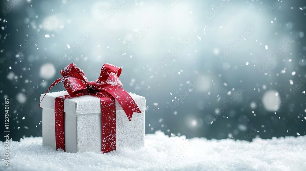 Exquisitely Wrapped Gift Box with Elegant Red Ribbon and Bow Placed on a Serene Snowy Surface with a Soft Blurred Background for Copy Space or Text Overlay