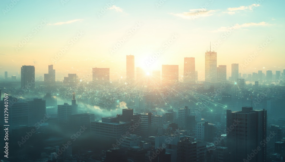 Vibrant Sunrise Over a City Skyline with Soft Mist and Gleaming Sunlight Illuminating Skyscrapers and Urban Landscape, Creating a Dreamy Atmosphere Vibrant Sunrise Over a City Skyline with Soft Mist and Gleaming Sunlight Illuminating Skyscrapers and Urban Landscape, Creating a Dreamy Atmosphere