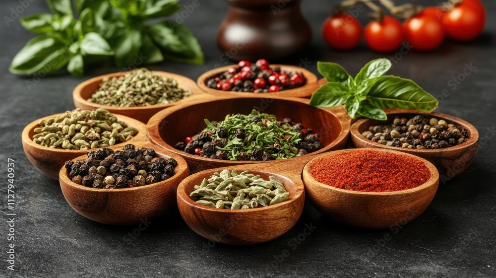 Assorted spices in wooden bowls. Assorted spices in wooden bowls.