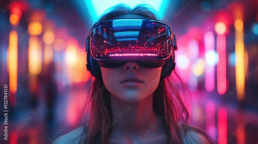 Young Woman in Virtual Reality Headset in Neon City Lounge Entering Digital Universe with Avatars and Future Technology Young Woman in Virtual Reality Headset in Neon City Lounge Entering Digital Universe with Avatars and Future Technology