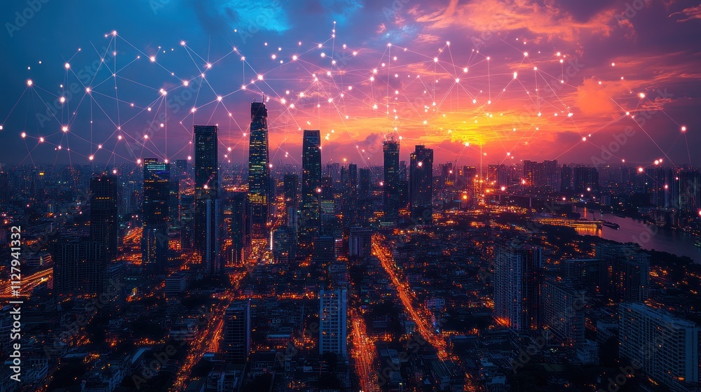 Fototapeta premium Vibrant cityscape at sunset with network connections overlay.