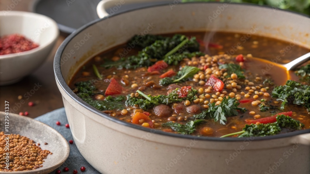 A closeup of a steaming pot where the rich earthy brown stew bubbles softly. Plump lentils and tiny grains of amaranth peek out from beneath a layer of kale while delicate A closeup of a steaming pot where the rich earthy brown stew bubbles softly. Plump lentils and tiny grains of amaranth peek out from beneath a layer of kale while delicate