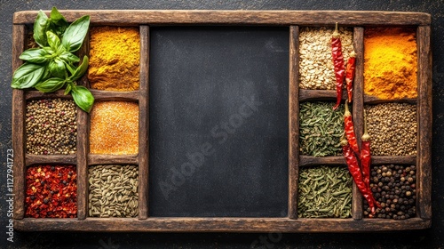 Fototapeta Naklejka Na Ścianę i Meble -  Assorted spices in wooden box with chalkboard.