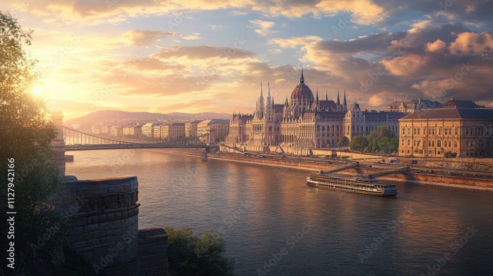 Obraz premium Budapest Parliament sunrise river cityscape.