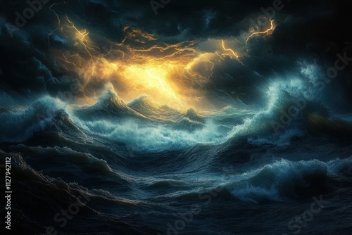 Dramatic ocean seascape with tumultuous waves stormy sky lightning night sea landscape