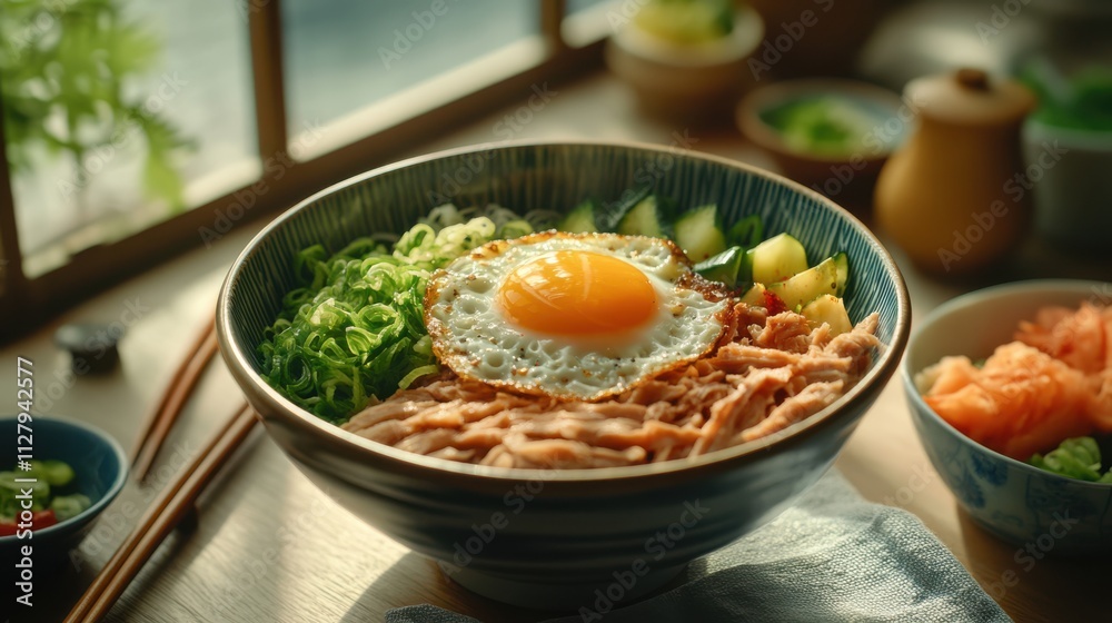 A medium shot of a donburi bowl with intricate details of the toppings, the glossy egg yolk catching soft daylight, the composition enhanced by chopsticks and side dishes like tamago and pickled veget A medium shot of a donburi bowl with intricate details of the toppings, the glossy egg yolk catching soft daylight, the composition enhanced by chopsticks and side dishes like tamago and pickled veget