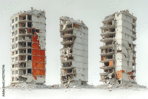 A burnt - out high - rise in a combat zone in the city of Mariupol . Damage to a residential building. The war in residential areas, broken windows and burned apartments. Armed conflict in Ukraine
