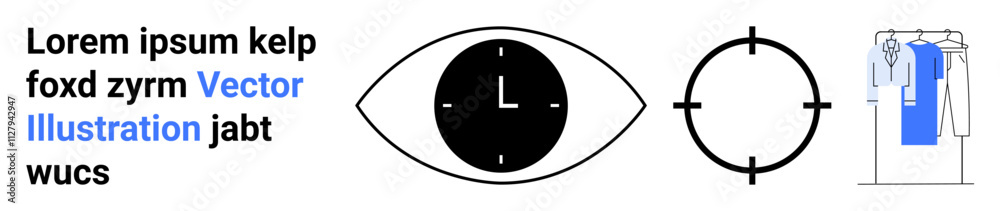 Eye with clock symbol, circular target, clothing rack with shirts, and placeholder text in black and blue. Ideal for time management, focus, precision, fashion, placeholder text visual narration Eye with clock symbol, circular target, clothing rack with shirts, and placeholder text in black and blue. Ideal for time management, focus, precision, fashion, placeholder text visual narration