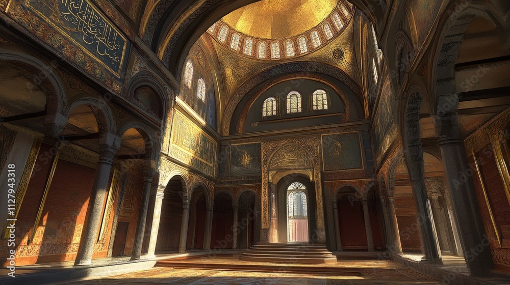 Fototapeta premium Sunlit opulent hall, golden dome, intricate mosaics.