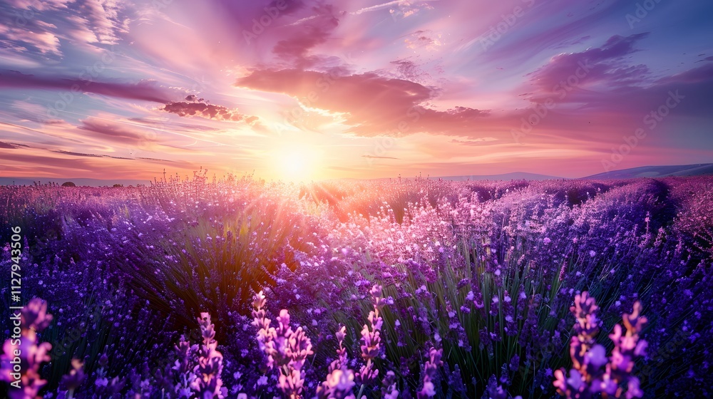 A beautiful lavender field bathed in the golden light of the setting sun. The sky is a vibrant pink and purple, with fluffy clouds. A beautiful lavender field bathed in the golden light of the setting sun. The sky is a vibrant pink and purple, with fluffy clouds.